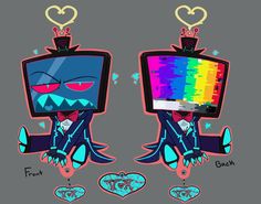 an image of two cartoon tvs with different colors on the screen and hearts around them