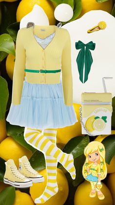 lemons and yellow clothing are arranged on top of each other, including a cardigan