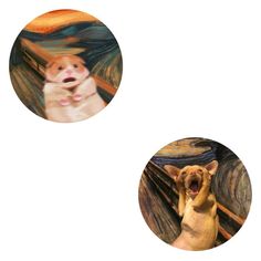 two pictures of a dog and the scream painting on them are shown in circular frames