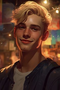 a digital painting of a young man with blonde hair and a smile on his face