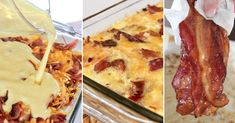 bacon being drizzled over the top of a casserole dish