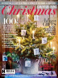 a magazine cover with a christmas tree on the front and back page, surrounded by holiday decorations