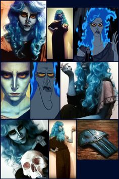 many different pictures of people with blue hair and make - up on their faces,