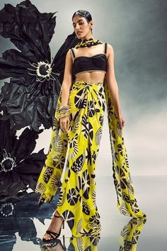 Mustard yellow draped skirt with abstract print. Paired with black sequin lace detail bustier and printed dupatta. - Aza Fashions Yellow Indian Outfit, Dhoti Skirt, Printed Dupatta, Draped Skirt, Celeb Style, Stylish Dresses For Girls, Indian Designer, Indian Designer Wear