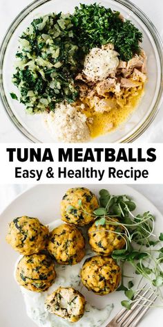 tuna meatballs and vegetables on a plate with text overlay that reads tuna meatballs easy & healthy recipe