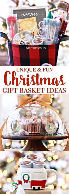 a christmas gift basket is shown with the words unique and fun christmas gifts in it