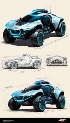 three different views of a futuristic vehicle with blue wheels and rims on the sides