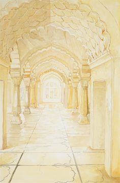 an image of a painting of a hallway in a building with columns and arches on the walls