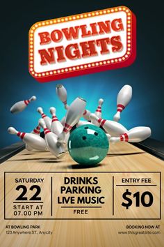 bowling nights flyer with green ball and pins