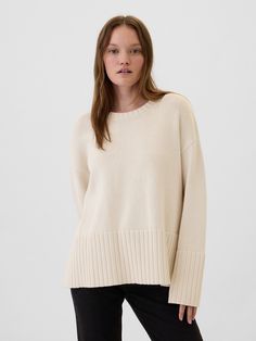 Oversized 24/7 Split-Hem Crewneck Sweater | Gap Factory Gap Sweater, Split Hem, Crewneck Sweater, Cream White, Crew Neck Sweater, Sweater Sizes, Classic Style, Gap, Scoop Neck