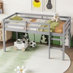 a child's bedroom with a grey bunk bed and soccer themed rug on the floor