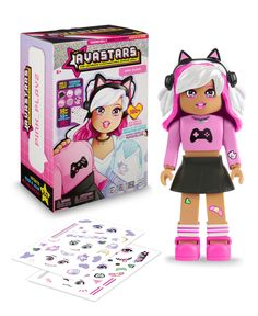 a girl in pink and black outfit next to a box with stickers on it