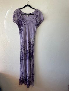 Vintage 1990's purple floral beaded rayon dress Semi sheer sleeves with sheer overlay body  By: paradise ny  Labeled a size large  Good condition besides some beads needing to be resewn, shown in photo, no beading on back  Very clean, no stains or holes  Lying flat: Bust: 18" Waist: 17" Length: 56" Long Purple Floral Print Dress, Lavender Bohemian Short Sleeve Dress, Long Fitted Purple Dress, Purple Short Sleeve Maxi Dress For Summer, Fitted Long Purple Maxi Dress, Lavender Short Sleeve Maxi Dress, Summer Lavender Fitted Maxi Dress, Fitted Lavender Maxi Dress For Summer, Fitted Lavender Bohemian Dress