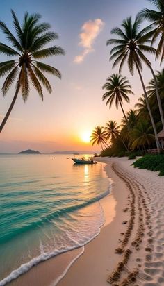 the sun is setting on an empty beach with palm trees and boats in the water