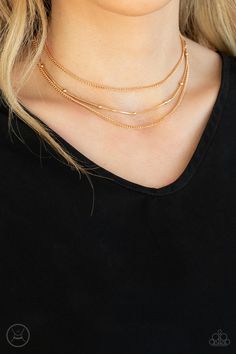 Infused with two dainty gold chains, a gold beaded snake chain wraps around the neck for a stunning layered look. Features an adjustable clasp closure.

Sold as one individual choker necklace. Includes one pair of matching earrings. Beaded Snake, Dainty Choker Necklace, Dainty Choker, Gold Choker Necklace, Paparazzi Accessories, Gold Choker, Short Necklace, Boutique Jewelry, Layered Look