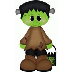 a green and black stuffed animal with horns on it's head holding a trick or treat bag