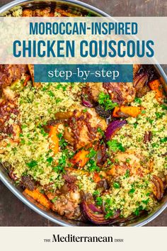 Chicken couscous in a silver serving dish ready to eat Chicken Thigh Couscous Recipes, Mediterranean Chicken Couscous Recipes, Couscous Recipes With Chicken, Couscous Dinner, Chicken Couscous, Moroccan Cooking, Tagine Recipes, Moroccan Dishes, Moroccan Chicken