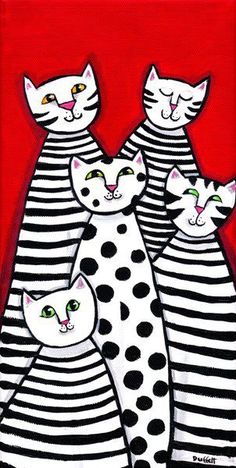 a painting of four cats in black and white striped dress with polka dots on red background