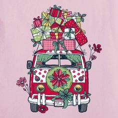 a vw bus with presents on top and flowers in the back is shown against a pink background