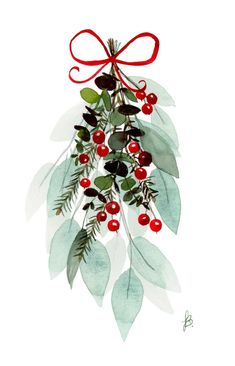 a watercolor painting of berries and green leaves with a red bow on the top