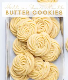 butter cookies in a glass baking dish with text overlay