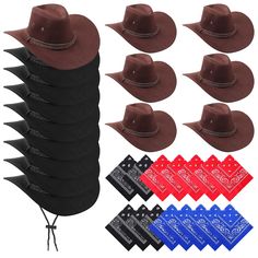 PRICES MAY VARY. Western Cowboy Hat and Bandanna Set: you will get 8 x black cowboy party hats, 7 x brown party cowboy hats, and 15 x western cowboy bandanna in black red blue, each color 5 printed square scarfs, a total of 30 cowgirl costume accessories, which are enough for your daily replacement or gift; Classic color never goes out of style, suitable for parties, games and other dress up; The attached drawstring can help you keep the hat on your head, hardly slipping down or falling off Cowb Traje Cowgirl, Cowboy Bandana, Cowboy Theme Party, Cowgirl Accessories, Cowboy Costume, Space Cowgirl, Fancy Dress Party, Cowgirl Costume, Black Cowboy