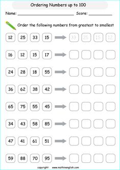 the worksheet for ordering numbers to 100