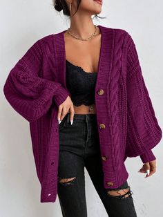 Women's Casual Daily Solid Color Front Button Loose Drop Shoulder Cardigan For Autumn/Winter Purple Casual  Long Sleeve Fabric Plain  Slight Stretch Fall/Winter Women Clothing, size features are:Bust: ,Length: ,Sleeve Length: Lantern Sleeve Cardigan, Retro Fashion Women, Cardigan Casual, Winter Vest, 90s Hairstyles, Pullover Outfit, Stil Elegant, 90s Aesthetic, Red Cardigan