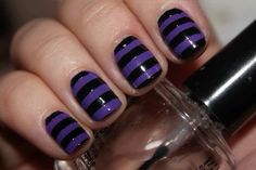 Black And Purple Nails, Nail Polish Tutorial, Striped Nails, Funky Nails, Nails Inspo, Purple Nails