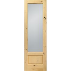 a wooden door with a mirror on the front and side paneled in pine wood