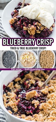 blueberry crisp pin with overlay text Best Blueberry Crisp, Frozen Blueberry Recipes, Blueberry Crisp Recipe, Blueberry Desserts Recipes, Pear Crisp, Blueberry Crisp, Blueberry Topping, Fruit Crisp, Blueberry Crumble