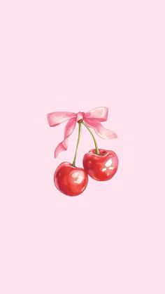 two cherries tied to a pink ribbon against a light pink background with the word love written on it