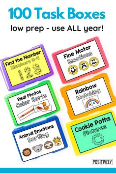 four colorful cards with words and pictures on them that read 100 task boxes low prep - use all year