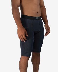 Umpire/Catcher thigh protective compression shorts. *Cup pocket fits standard cups. Samuel Rucker SS/2B, MIF | RSM, CA 5'7/160 lbs wearing Medium Sports Bottoms With Built-in Padding In Black, Functional Compression Bottoms For Sports, Functional Compression Bottoms For Sports Events, Functional Bottoms For Sports Events, Compressive Functional Shorts For Sports Events, Compressive Black Bottoms For Sports Events, Functional Sweat Resistant Bottoms For Sports, Compression Squat Proof Shorts For Sports Events, Black Training Bottoms With Built-in Padding