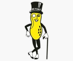 a cartoon character holding a cane and wearing a top hat with the word mr peanut on it