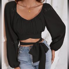 Brand New Shein Top Cheap Black Spliced Tops, Cheap Flirty Blouse For Women, Black Top Outfit, Tops Shein, Shein Tops, Crop Blouse, Lantern Sleeve, Senior Year, Lantern Sleeves