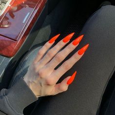 Long Almond Nails Orange, Fall Nail Colors Orange, Orange Stiletto Nails, Nail Colors Orange, Orange Nail Color, Red Orange Nails, Long Almond Nails, Nail Designs Ideas