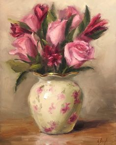 a painting of pink roses in a white vase