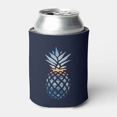 a black can cooler with a blue and yellow pineapple on it