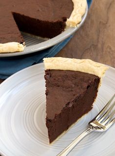 a slice of chocolate pie on a white plate with a fork next to the pie