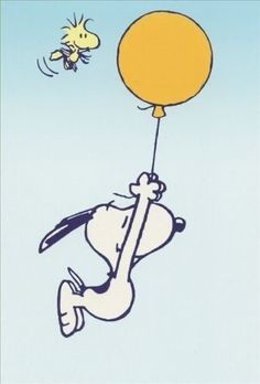 a drawing of a dog flying in the air with a yellow balloon attached to it