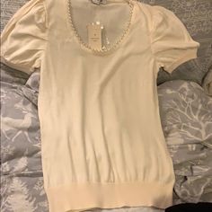 Forever 21 M Cream Short Sleeve Sweater W/Pearls Nwt! Elegant Pearl Embellished Tops For Spring, Elegant Forever 21 Top For Spring, Elegant Spring Tops From Forever 21, Elegant Forever 21 Tops For Fall, Sheer Lace Shirt, Orange Bodysuit, Stretchy Crop Tops, Turtle Neck Crop Top, White Stripes Shirt