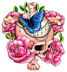 a skull with a blue butterfly on it and pink roses around the skull is shown