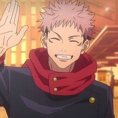 an anime character with short hair and red scarf waving to the camera while standing in front of a building