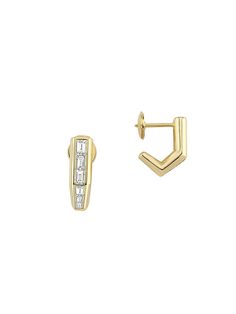 "Find ASCHER Bubble Callisto 18k Yellow & 1.27 Tcw Diamond Drop Earrings on Editorialist. From the Bubble Collection. Ascher's angular Callisto drop earrings are crafted of 18K yellow gold channel-set with glittering baguette diamonds. Diamonds, 1.27 tcw Diamond color grade: E-F Diamond clarity grade: VS 18K yellow gold Post back Imported SIZE About 0.79\"L. Ascher. Color: Gold." Bubble Collection, Diamond Color Grade, Baguette Diamonds, The Bubble, Earrings In Gold, Channel Set, Diamond Drops, Diamond Drop Earrings, Fine Earrings