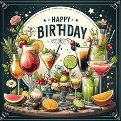 a happy birthday card with many different drinks