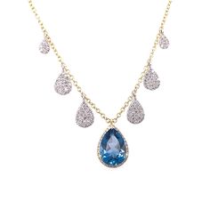 This 14kt yellow gold necklace features a pear shape London blue topaz with a diamond halo in the center. There are three graduating pave diamond pear shape charms on each side of the blue topaz going up the chain. Necklace can be worn at 16", 17", and 18" total length. Diamond: 0.38ctw London Blue Topaz: 0.48ctw Designer: Meira T Diamond Charm Necklace, Yellow Gold Necklace, Diamond Charm, London Blue Topaz, London Blue, Diamond Halo, Women Accessories Jewelry, Pear Shape, Accessories Jewelry