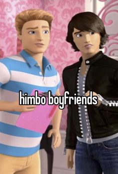 two people standing next to each other with the words himbo boyfriends on them