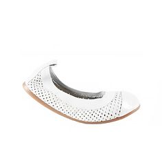 Yosi Samra Kids White Perforated Ballet Flats. An elasticized topline creates a comfy fit on a perforated leather flat capped with a polished patent toe. Runs Small Size 2 up. White Ballet Flats