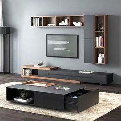 a modern living room with an entertainment center